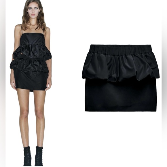 ZARA NWT Black Voluminous Taffeta Mini Skirt Small Bubble Waist Limited Edition - Picture 1 of 13